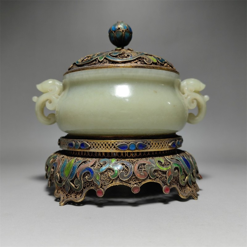 Chinese Antique Jade Censer w/ Gilt Silver Stand & Lid