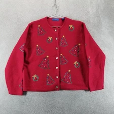 Vintage Karen Scott Sweater Womens Petite XL Red Wool Christmas Cardigan 90s