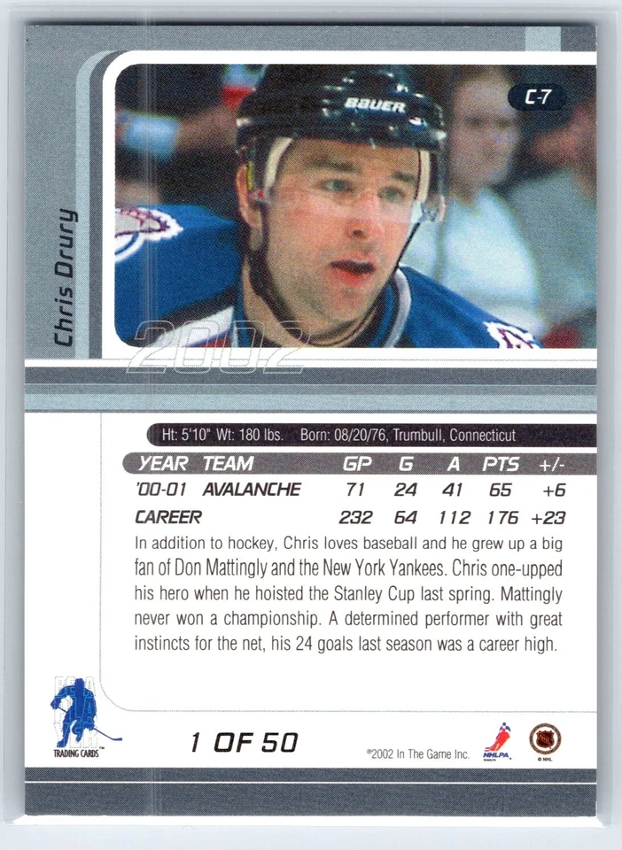 2001-02 Be a Player Chris Drury Purple Certified Parallel #/50 #C-7 - Image 2 of 2