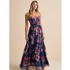Lulus Roane Navy Floral Organza Bustier Maxi Dress Small NWT Formal Prom Wedding