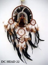 LARGE 70 CM DROP BROWN SUEDE DREAM CATCHER DECORATED WITH INDIAN HEAD / dchead22