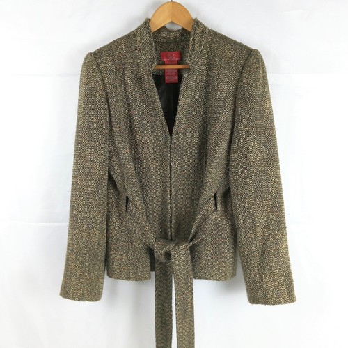 Oscar de la Renta Tweed Belted Blazer Women Size 10 Brown Hook Eye Closure Lined
