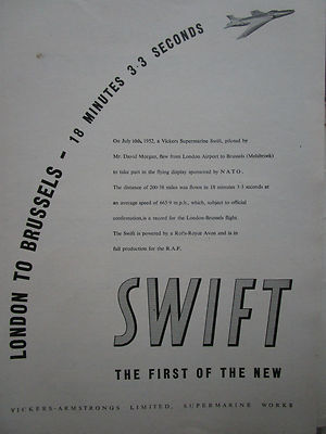 7/1952 PUB VICKERS ARMSTRONGS SUPERMARINE SWIFT LONDON BRUSSELS ORIGINAL ANZEIGE