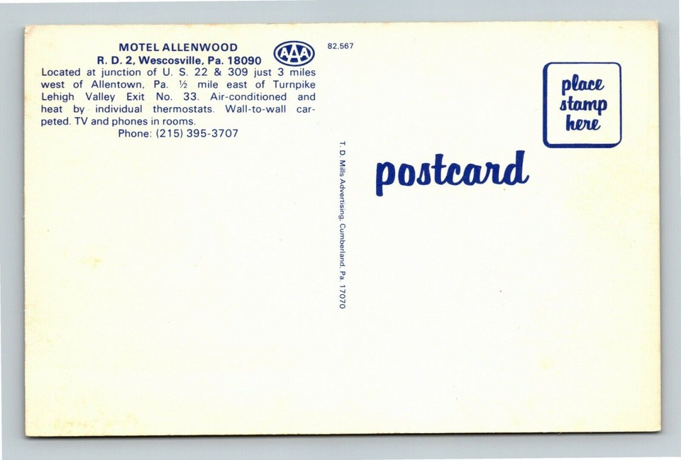 Wescosville PAPennsylvania, Motel Allenwood, Advertising, Vintage Postcard eBay