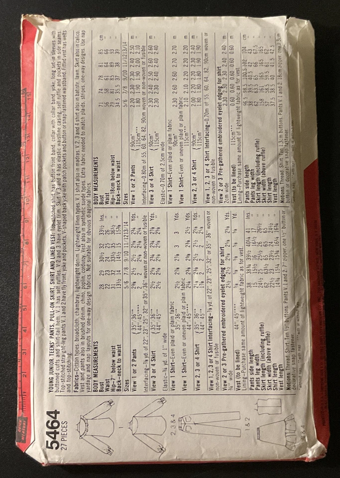 5464 UNCUT ‘Simplicity’ SEWING Pattern - ‘Teens Pants, Skirt, Shirt & Vest’ - Image 2 of 3