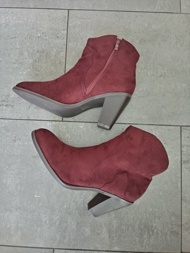 Bota botin estilo campero ante sintético color rojo vino y tacón alto  cuadrado | eBay