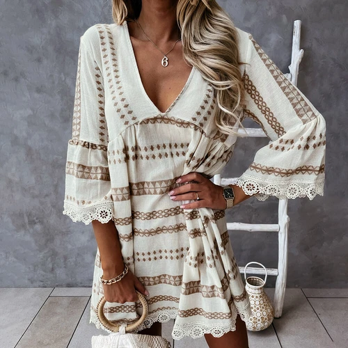Ladies Holiday Boho Print V Neck Beach Sundress Women Floral Summer Midi Dress - Picture 9 of 17