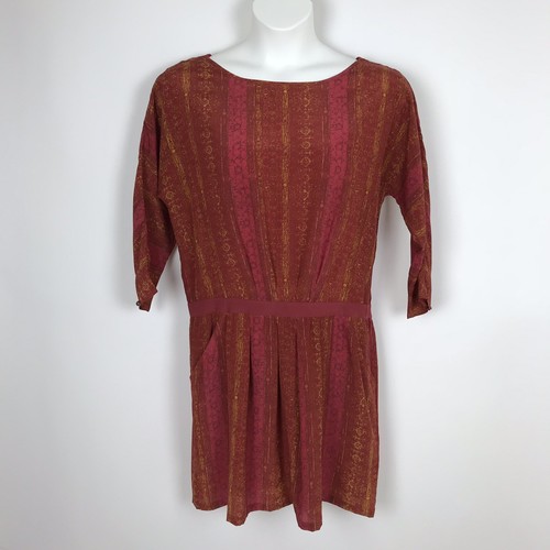 Peruvian Connection Size 14 Silk Dress Drop Waist Pockets 3/4 Dolman Sleeve Red - Picture 6 of 11