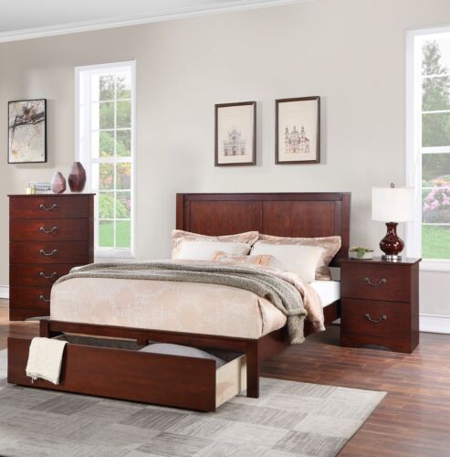 Bedroom Brown Finish 3pc Set Est King Size Bed w Drawer 2x Nightstands Furniture