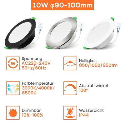 LED Panel Einbaustrahler Dimmbar 8W 10W Flach Slim Bad Deckenleuchte Spot 1050lm