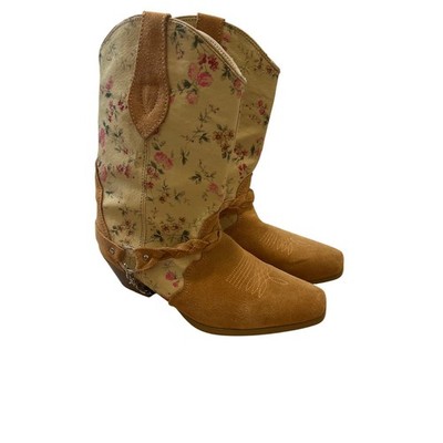 Santa Fe Boot Co Floral Leather & Suede Cream Tan Harness Boot Women s Size 6.5