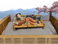 Vtg 5" T China Foshan Porcelain Figurine Qing Dynasty Woman Laying on Bench