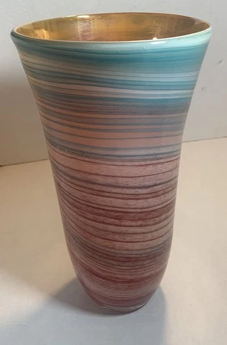 Vintage Fratelli Toso Murano Pink Blue Striped Aventurine Art Glass Vase 50s/60s