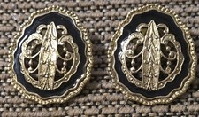 Vintage Gold Tone Black Enameled Emblem Pierced Oval Earrings