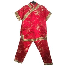 Girl's Red Chinese Qipao Cheongsam Suit Gold Floral Brocade Mandarin Size 14