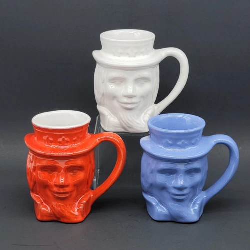 3 Frankoma Pottery 1976 Uncle Sam Coffee Face Mugs Flame Red White Blue USA 600