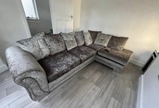 Crushed Velvet Grey Silver Symmetrical L-Shape Corner Or 3 Seater Sofa + Ottoman