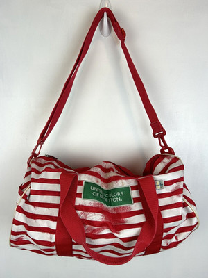 Vintage Benetton Duffle Bag Red White Stripe Adjustable Strap Retro Read