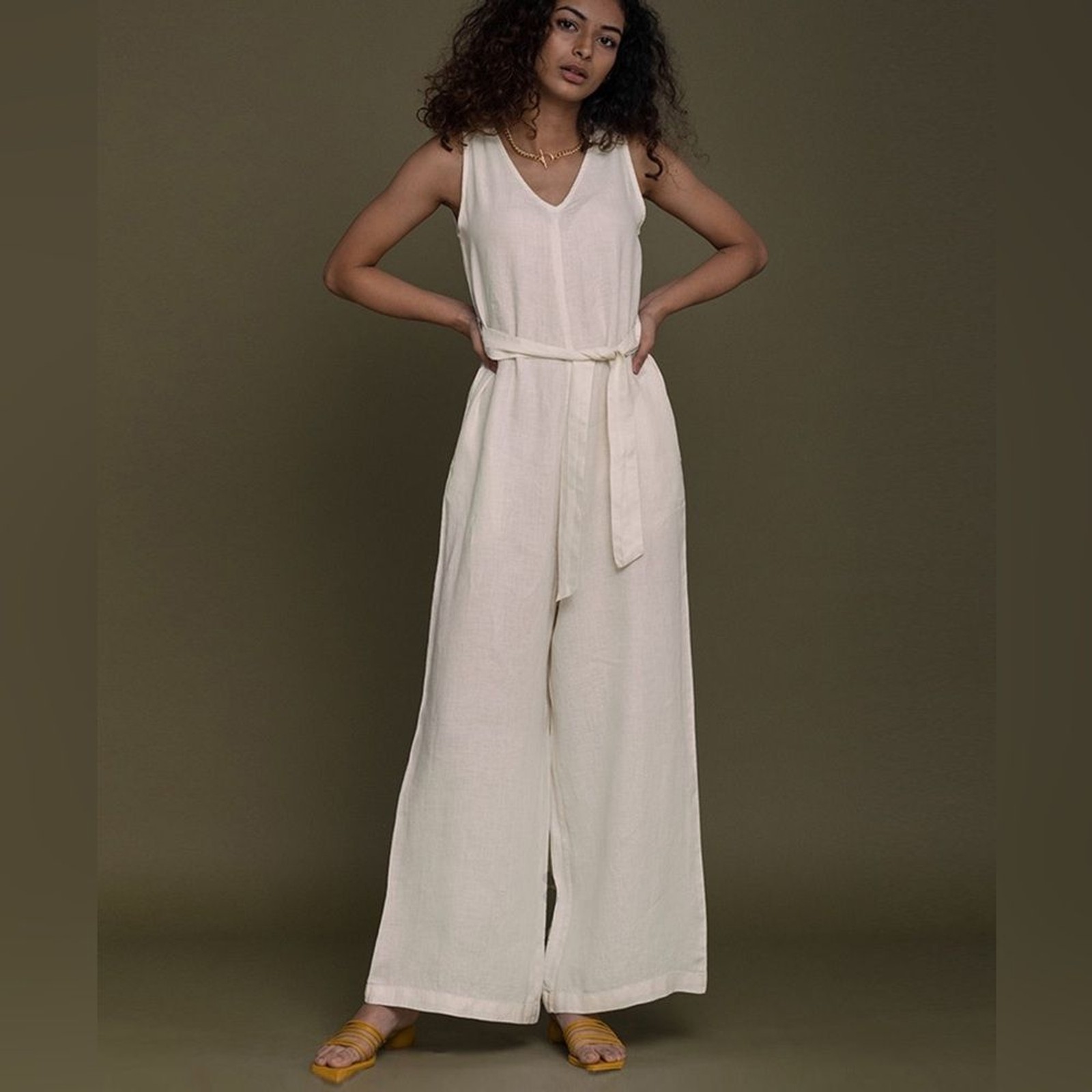 REISTOR SIZE XL2XL OFF WHITE BREAKFAST IN BED WIDE LEG 100% HEMP JUMPSUIT