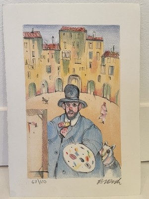 Signiertes B Wenk Selbstportrait Limited Edition Lithographie Künstler & Hund Druck Italien