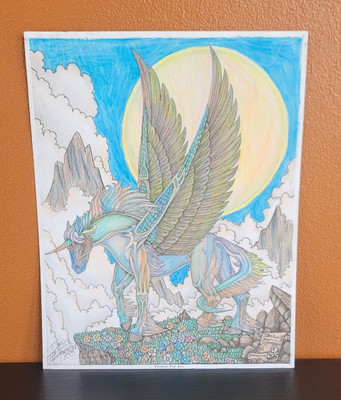Dan Thompson 2015 Colored & Signed Drawing Pegasus Unicorn Flowers Fantasy 11x14