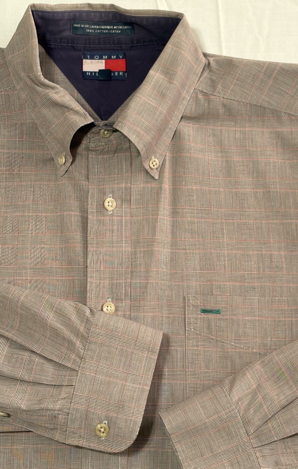 TOMMY HILFIGER Cotton Oxford Plaid Shirt Men's L Multicolor Checks Pleated Cuffs
