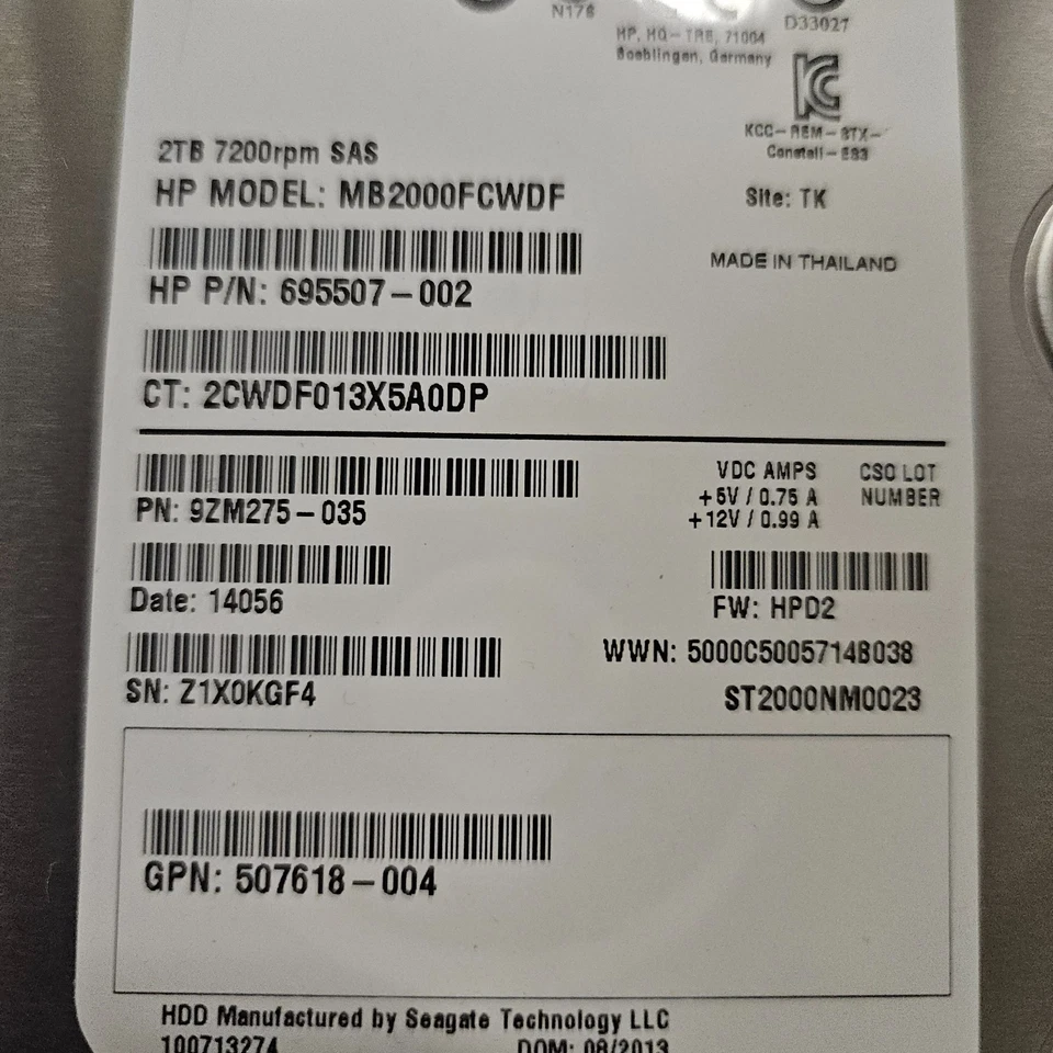 (LOT 12) HP 653948-001 2TB SAS 6G 7.2K LFF SC MDL HDD Hard Drive w/ Tray MV 3.5 - Image 2 of 2