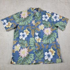 Reyn Spooner Hawaiian Shirt Mens 2XL Blue Green Lotus Hibiscus Inside Out VTG