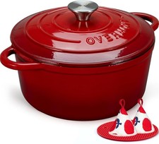 Overmont 26cm/5.2L Enamelled Cast Iron Round Casserole Dish Cherry red With Lid