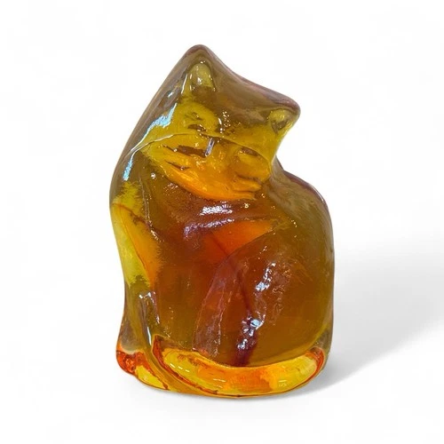 Blenko Glass Hand Crafted Cat Figurine - Tangerine - Solid Heavy - Signed 2018