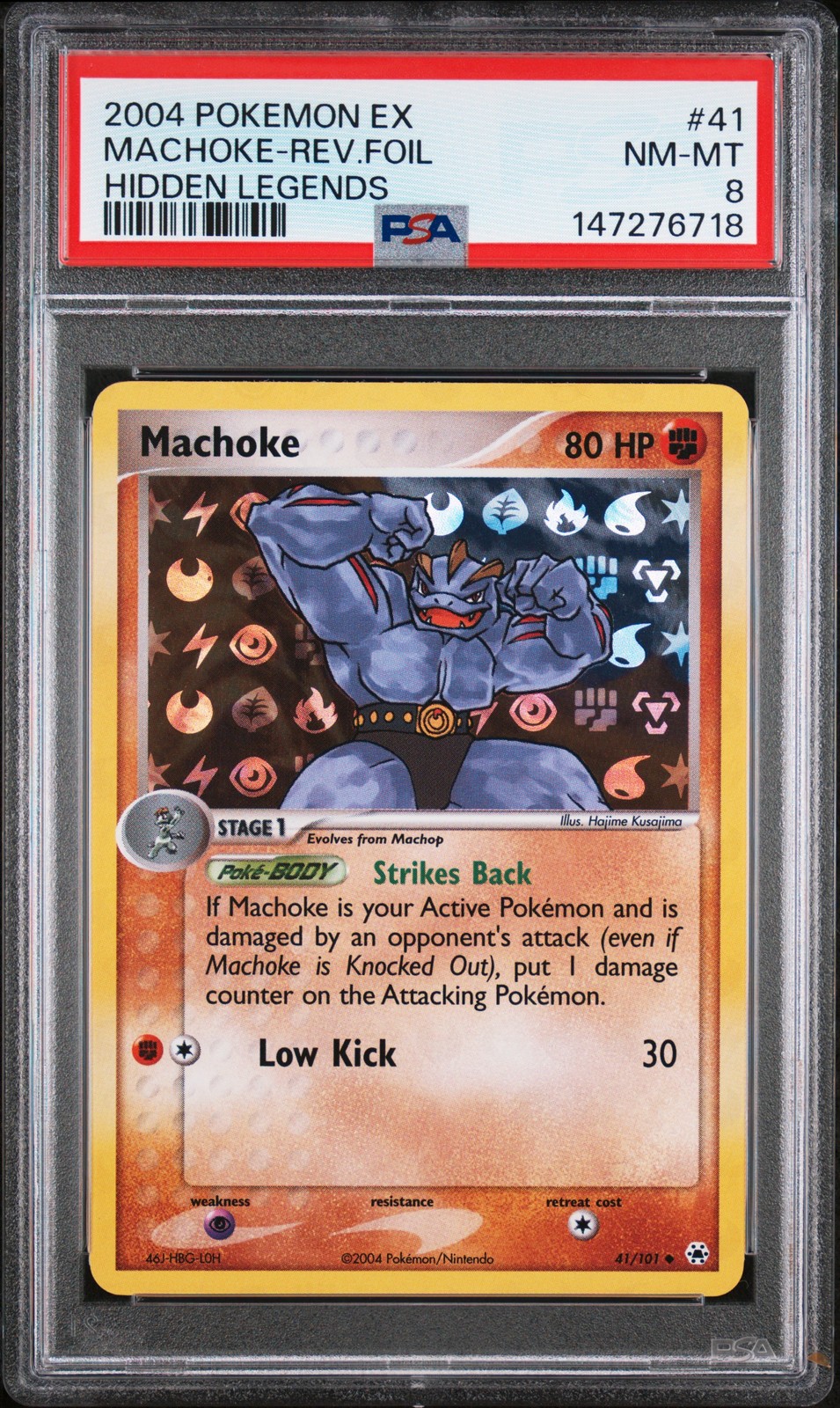 2004 POKEMON EX HIDDEN LEGENDS #41 MACHOKE-REVERSE FOIL PSA 8