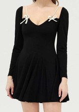 CIDER Black Satin Sweetheart Backless Mini Dress L Long Sleeve Bow Accents