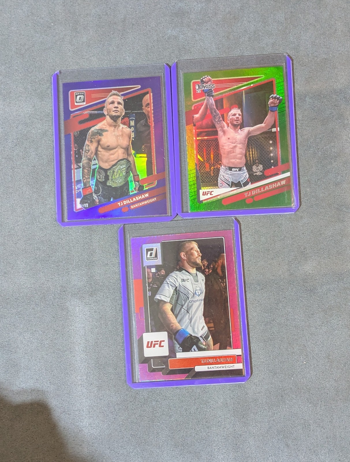 Panini UFC TJ Dillashaw 3 Card Parallel Lot. Purple/Green Flood- Purple Optic
