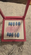 Blue 3D Glitter Floral Medium Oval Press-On Nails Set Full Cover Pre-Designed