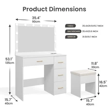 90cm Vanity Makeup Desk Dressing Table Stool Set w/ Adjustable 12 LED Mirror