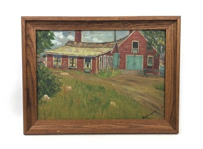 Vintage Mid Century Naive Primitive Oil Painting of Barn Landscape Signed