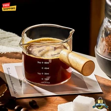 1 pc Glass Espresso Measuring Cup with Wood Handle Double/Single Spout Mug