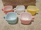 Vintage Set of 5 Glassbake Square Coffee Cups Lipton Milk Glass Pastel 1950s