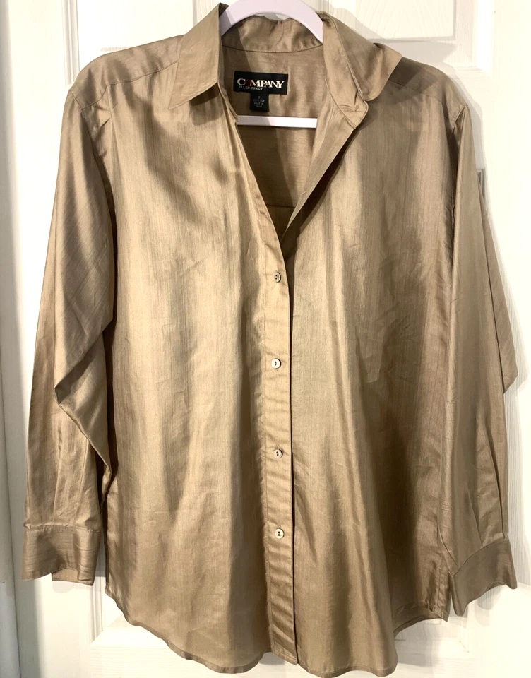 Blusa túnica clásica Ellen Tracy de seda talla 2 (40" busto) bronce abotonada LS usada en excelente estado Foto 2 de 4