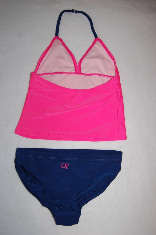 Niñas CONJUNTO TANKINI Traje de Baño Dos Piezas ROSA INTENSO Equipo de Natación AZUL MARINO Bikini M 7-8 Foto 2 de 2