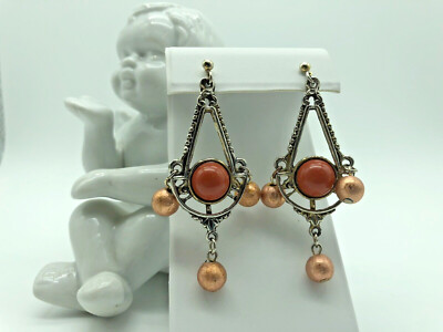 Nice Triangle Beaded Earrings Long Dangle Orange Beads Silver Tone Pierced 2.5''