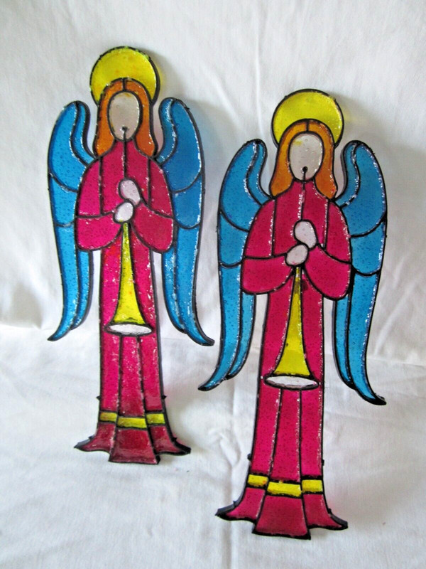 Lot of 2 ANGEL w/ Halo Suncatcher Acrylic Plastic Stained Glass Flat Christmas