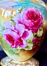 NIPPON LARGE DOUBLE HANDLE VASE PAINTED LARGE ROSES WITH RAISED GOLD BEADS