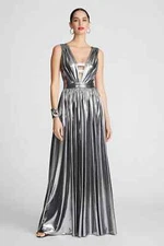 NEW NWT $575 HALSTON "TITANIA" maxi dress metallic foil in luster silver sz 6
