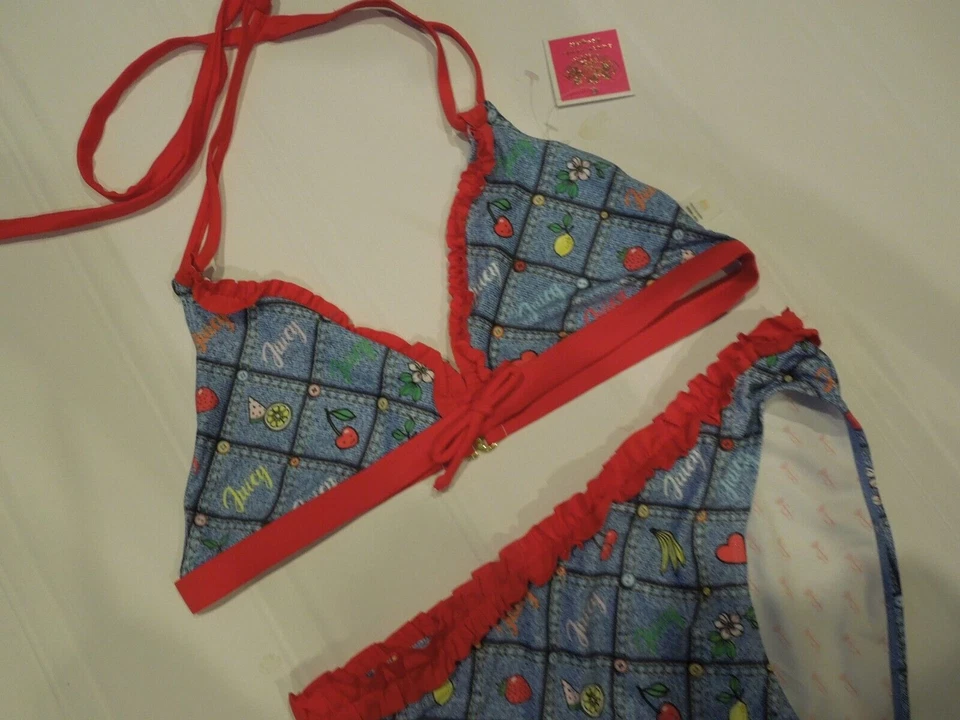 Conjunto de bikini estampado Juicy Couture para niñas traje de baño PATCHWORK DENIM talla 14 nuevo con etiquetas Foto 4 de 4