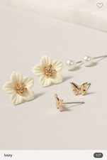 Gorgeous Pearl Flower Butterfly 3 Pair Earrings Set