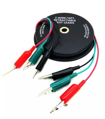 3 WIRE 20' RETRACTABLE TEST LEADS 18 GAUGE Alligator Clips in Reel 