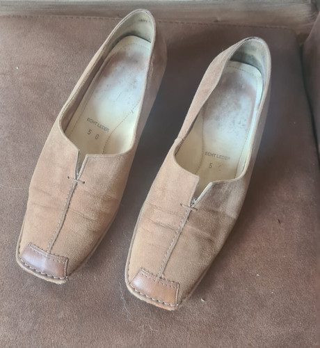 Straßenpumps in Hellbraun, getragen,  Lederausstattung Gr. 5, Blockabsatz 4 cm