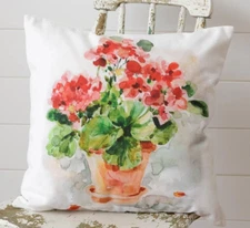 NEW FARMHOUSE PILLOW GERANIUMS WATERCOLOR STYLE Cotton Square 18" Cottage Summer