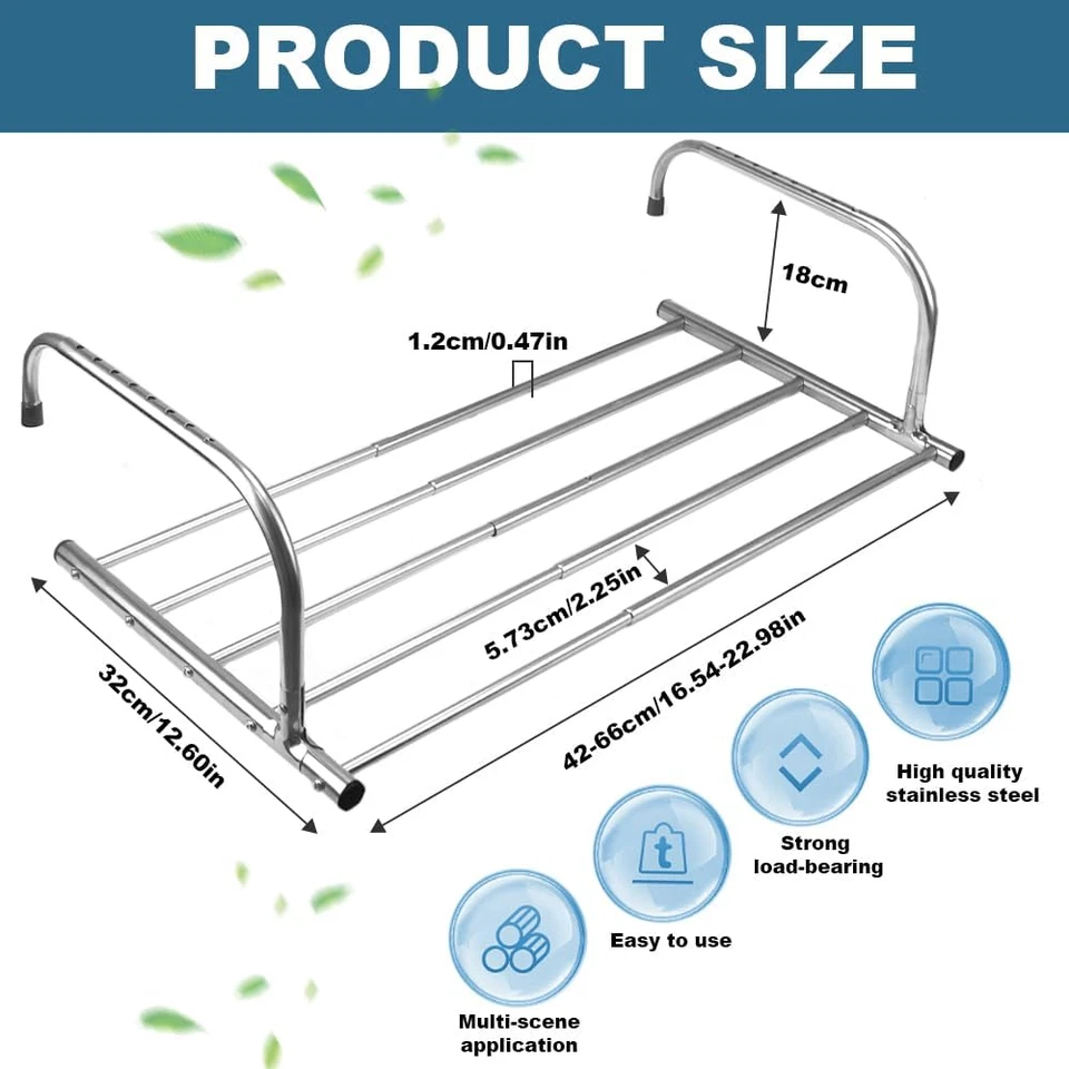 Stendino Da Balcone Allungabile 42-66Cm Appendibile Estensibile in Acciaio Inox - Immagine 2 di 4